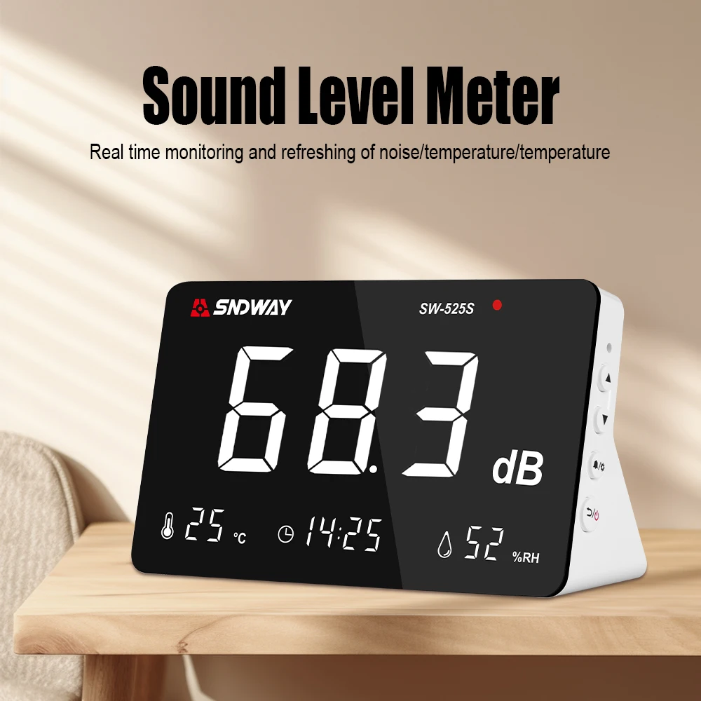 SNDWAY Decibel Noise Meter Sound Level Meter 30dB-130dB Audio Noise Monitoring Tester with Temperature Humidity Meter/Time