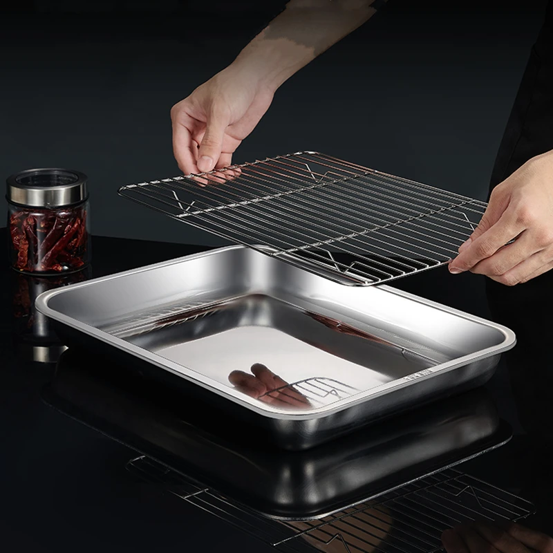 Stainless Steel Bakeware Grid Line Food Storage Trays Bread Pastry Baking Pan Cooling Rack Fruit BBQ Plate Kitchen Cooking Tools