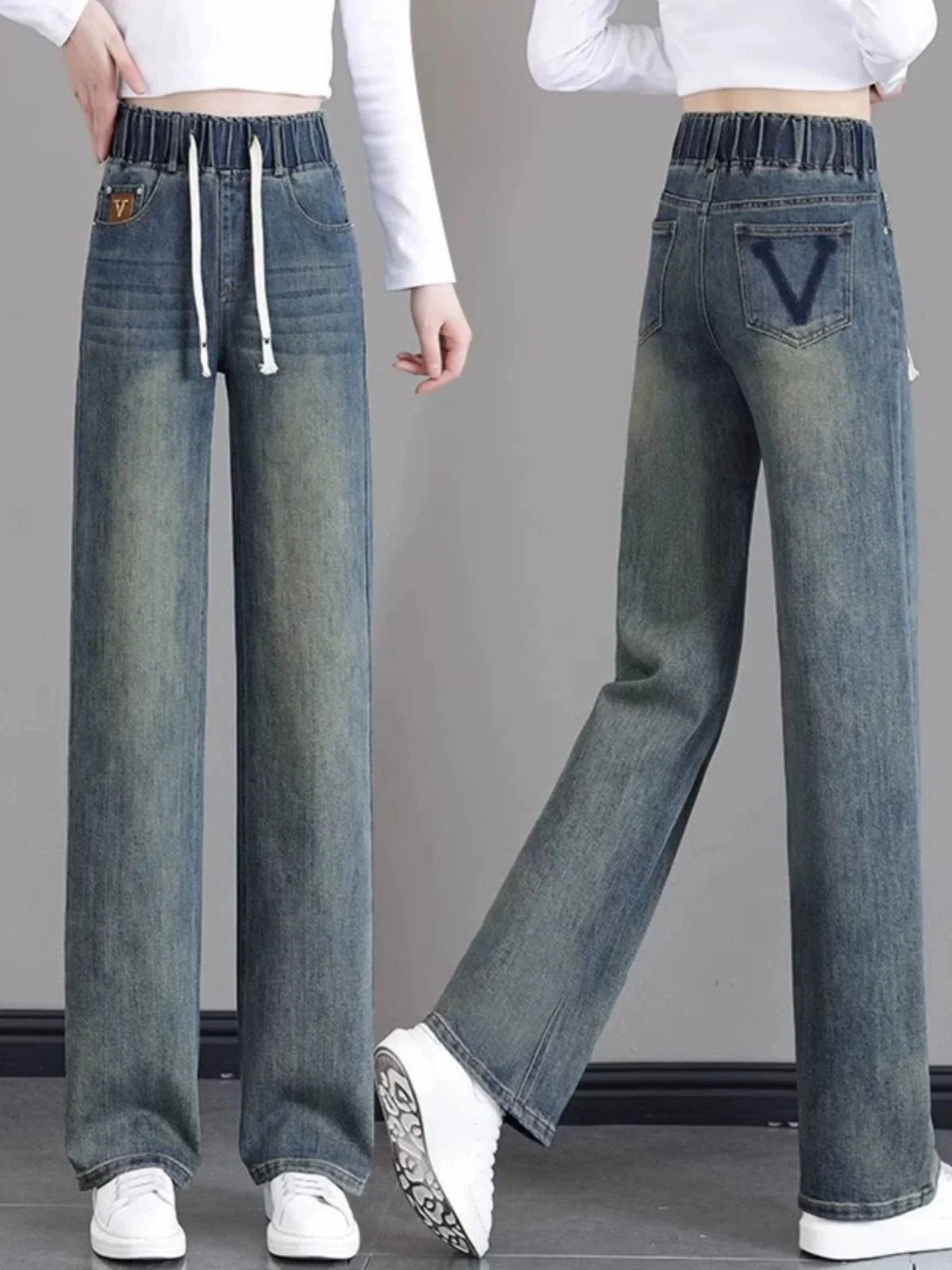 

High Waist Wide Leg V-Ne Slim Fit Blue Jeans Women's Spring Autumn New Dstring Elastic Slimming Long Straight Pants