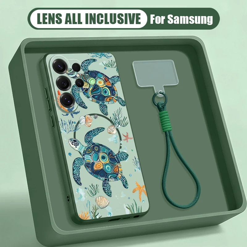 Magnetische Handyhülle mit Meeresschildkröten-Print für Samsung Galaxy S26 S25 Ultra S24 S23 FE A57 A17 A56 A37 A16 A55 A36 mit Handgelenkschlaufe