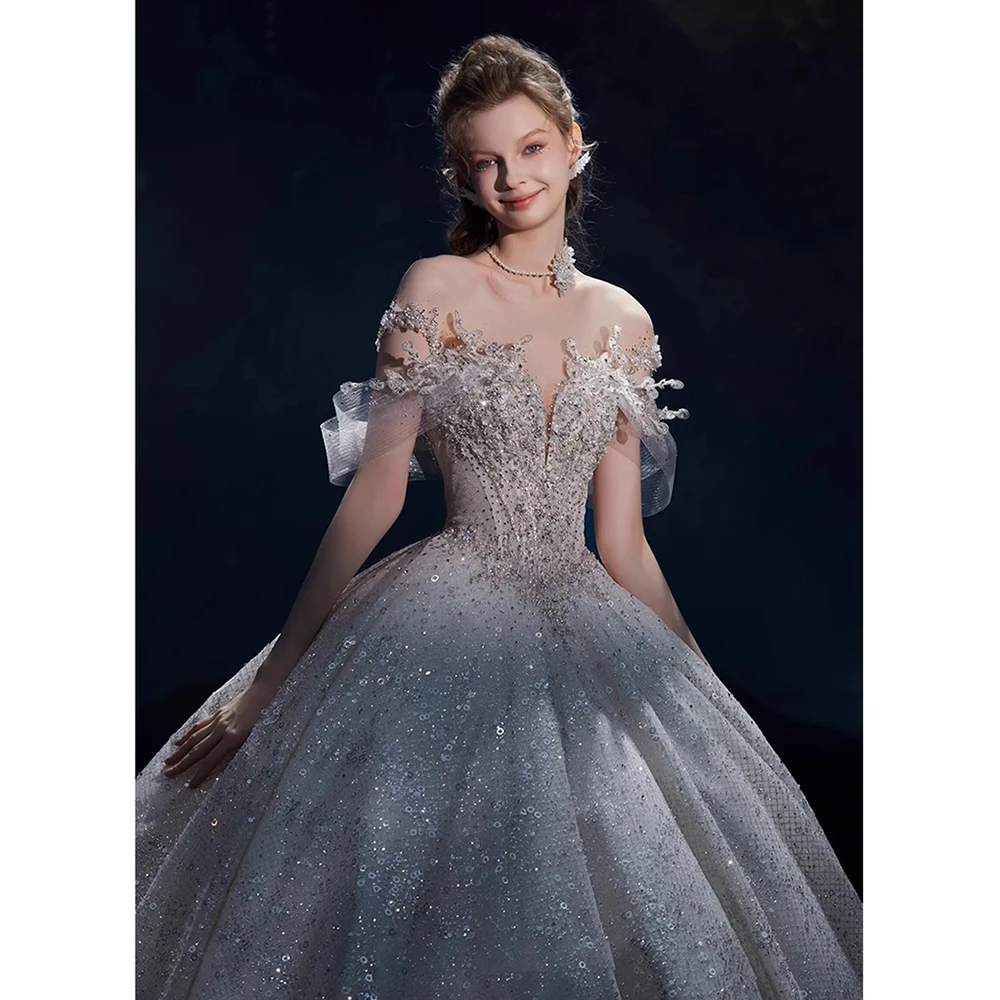 Robe de mariée en tulle à col rond, dentelle délicate, paillettes de décalcomanie 3D, perlée, romantique, belle robe de mariée princesse, mode élégante