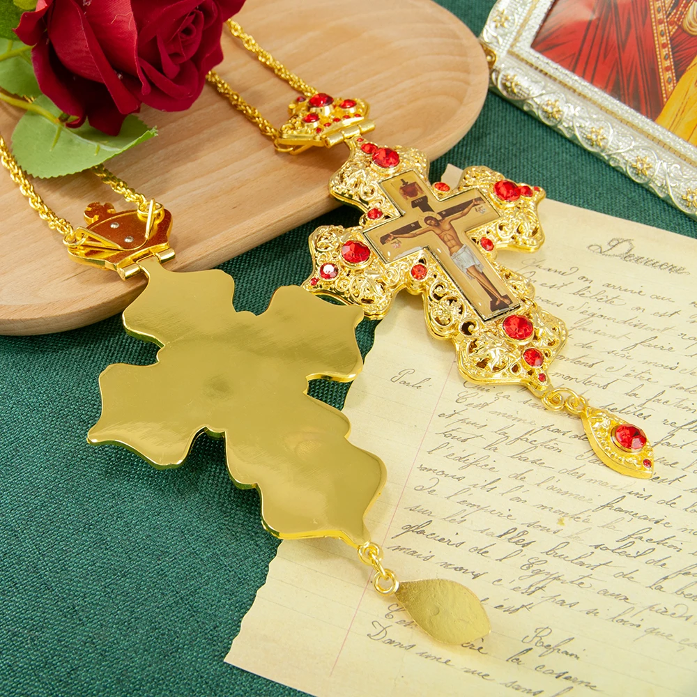 قلادة متقاطعة على شكل صليب للكنيسة الأرثوذكسية للكاهن الأسقف مع صورة صليب يسوع مطلية بالذهب على الطراز اليوناني هدية دينية للصلاة