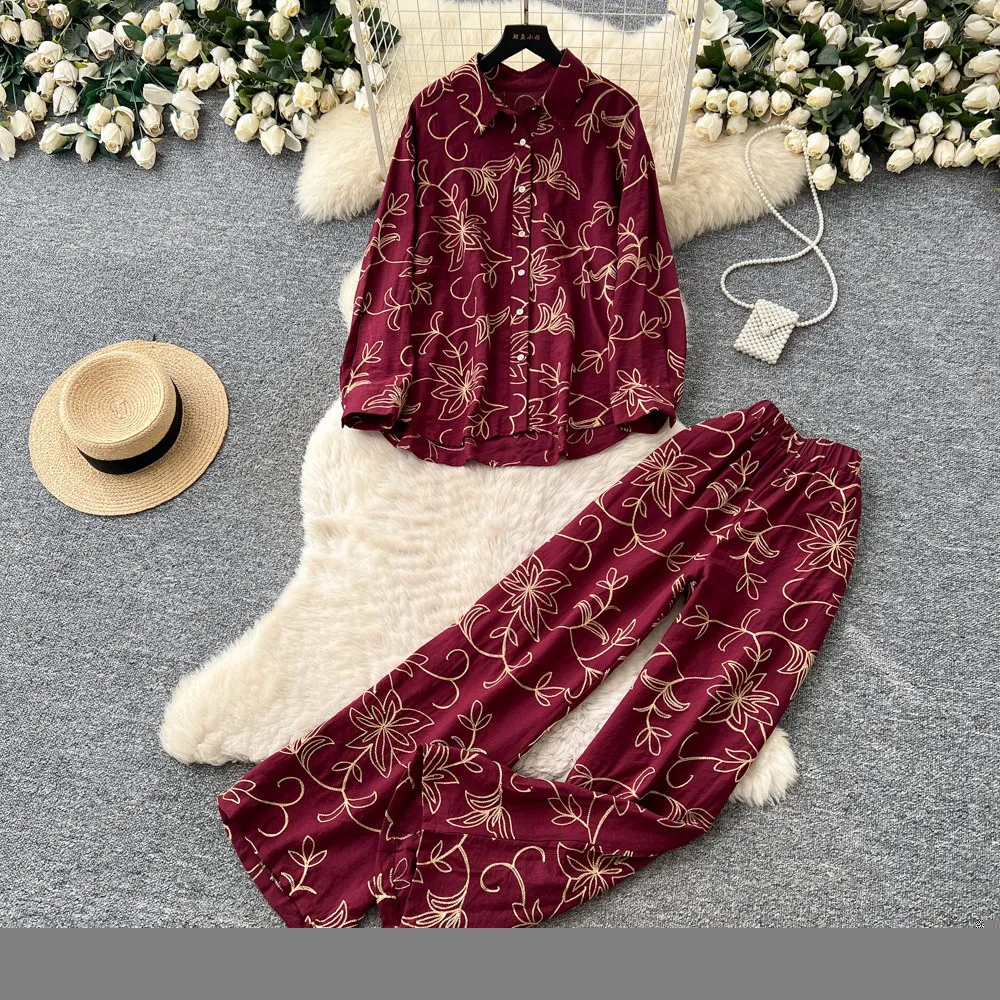 Pant Set Women Two Piece Sets Turn Down Collar Full Sleeve Shirt Print Wide Leg Long Pants Elastic Waist Y2k Streetwear Elegant