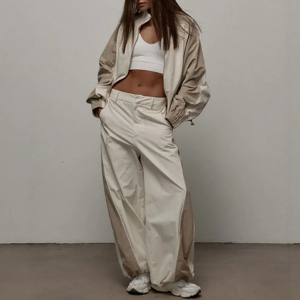 レディースカジュアルファッションコントラストドローストリングスポーツジャケット＆パンツセットヨーロッパアメリカンスタイルツーピーススーツ