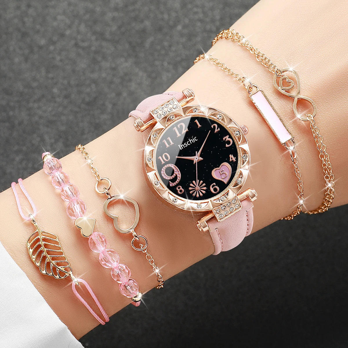 6 stks/set damesmode horloge multi liefde wijzerplaat lederen quartz horloge met liefde blad armband set