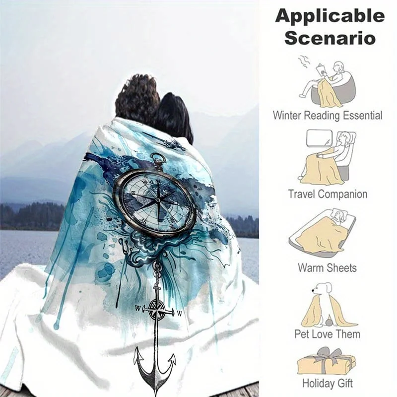 1pc Vintage Nautical Compass & Anchor Printed Blanket - Hypoallergenic, Tear Resistant, All Seasons Knit Polyester Fabric, Multi