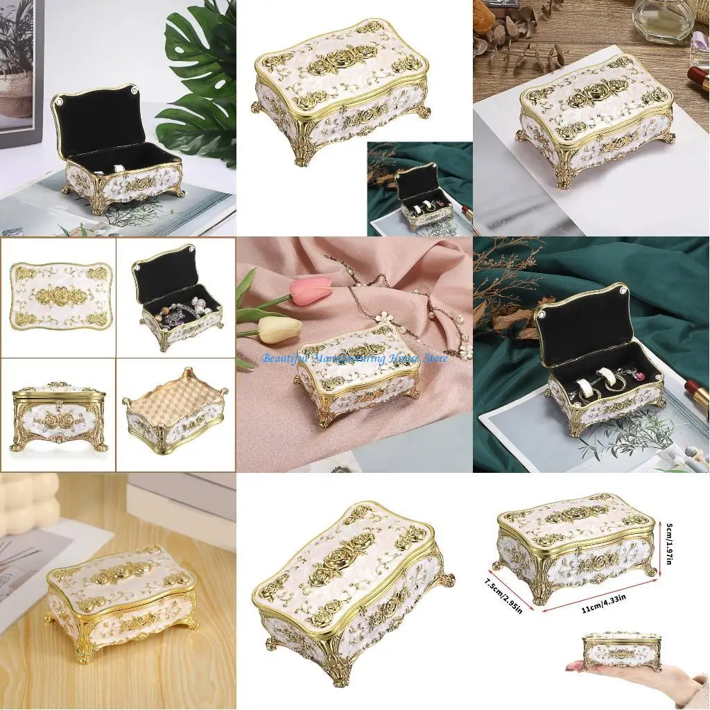 صندوق منظم المجوهرات الوظيفي E56A مع تصميمات بنمط الورد وبنية داخلية من سبائك الزنك من القطيفة للتخزين الفعال #1