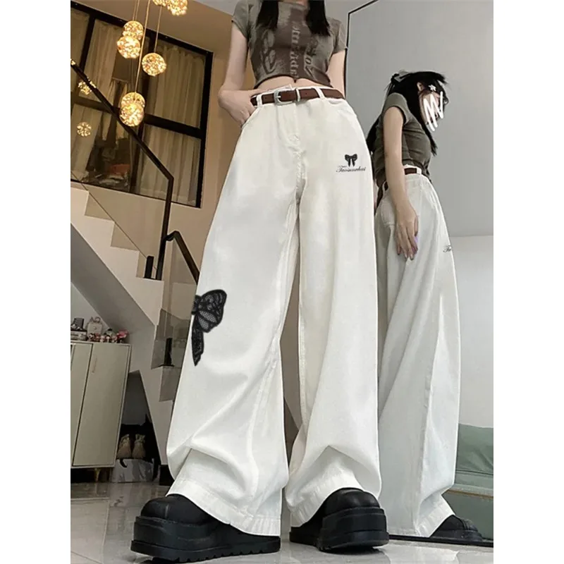 

Women's White Wide Leg Jeans Butterfly Embroidery High Waist Casual Denim Pants