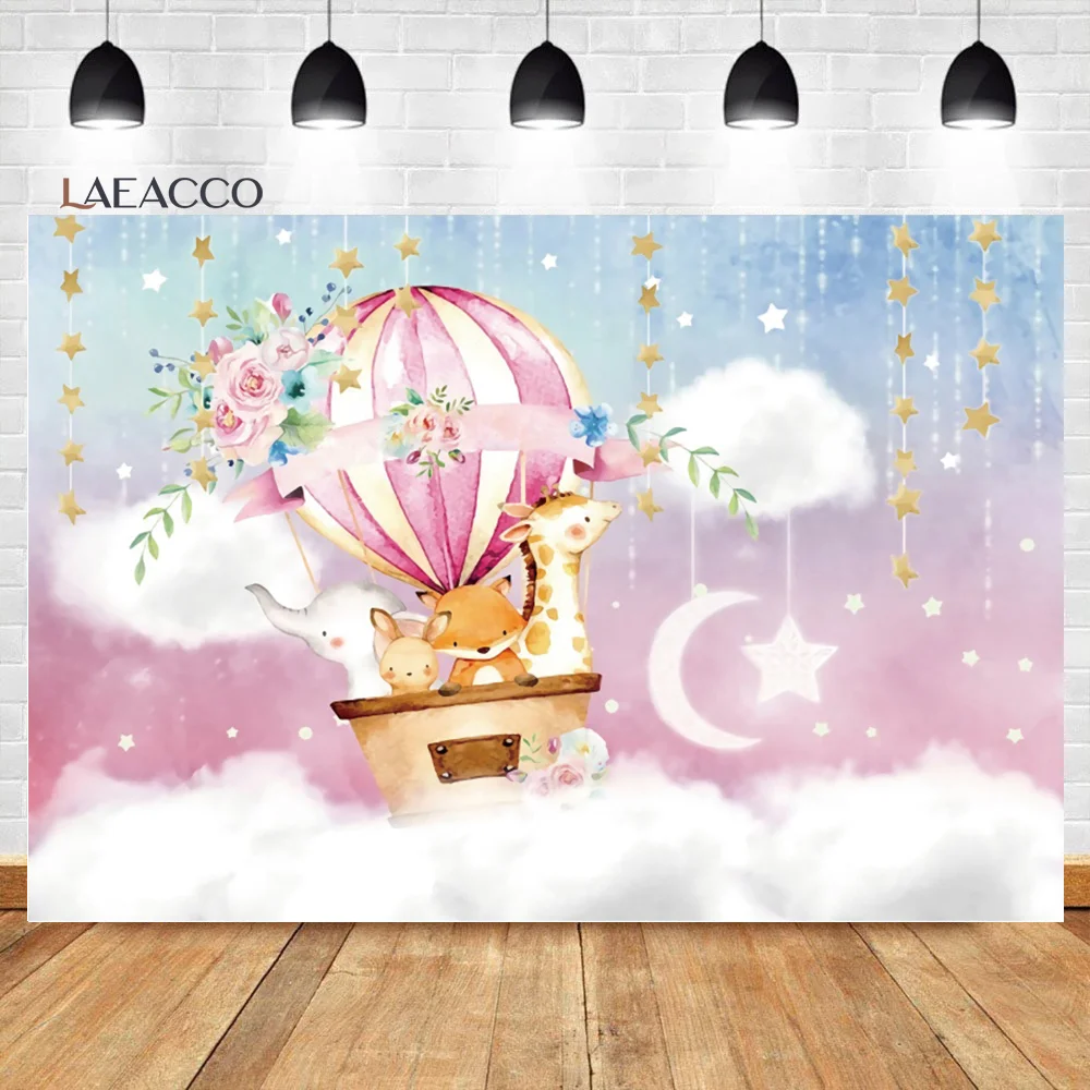 Laeacco Happy Birthday Backgrounds Hot Air Balloon Jungle Animals Safari Party Newborn Photocall Customized Photography Backdrop