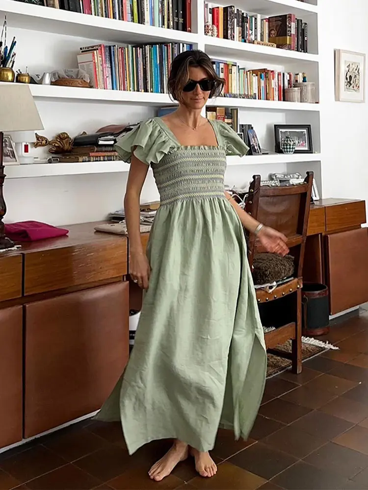 

Women Elegant Ruffles Sleeves Split Long Dress Square Neck High Waist Backless Vestidos 2024 New Summer Chic Lady Street Robes