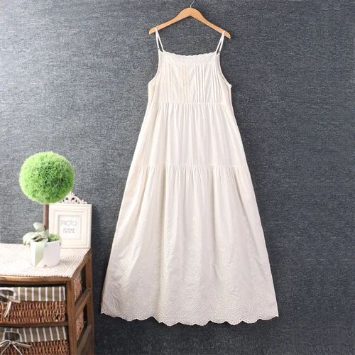 자수 드레스 봄 여름 신상 일본 스타일 여성용 달콤한 중공 긴 원피스 면마 루즈핏 단색 드레스 원피스 드레스  Best5