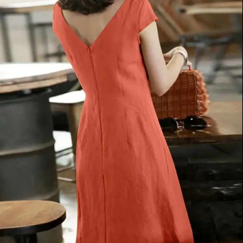 2025 Lente Katoen Linnen Damesjurken O-hals Korte Mouw A-lijn Casual Jurken Vrouwelijke Trendy Mode Losse Kleding Dames
