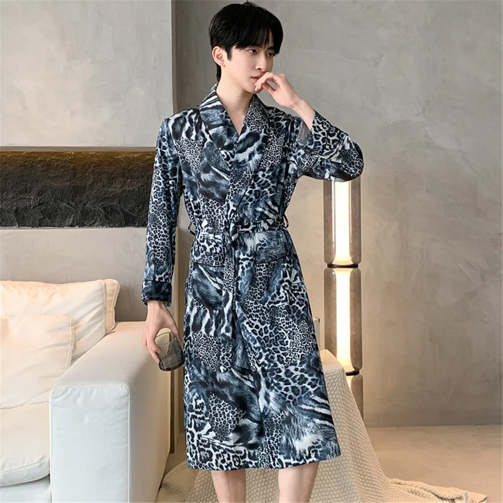 Summer Silk Stain Robe Leopard Men Bathrobe Kimono Loose Casual Home Wear Male Loose Sleepwear Loungewear with Belt