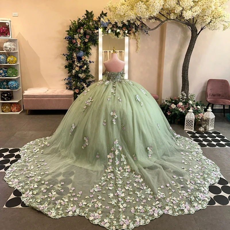 Sparkly Sage Green Quinceanera Dress Ball Gown Off The Shoulder 3D Floral Applique Beaded Corset Sweet 16 Vestidos De 15 Años