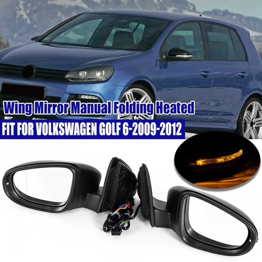 For VW Golf MK6 2009-2012 Black Electric Heated Door Wing Mirror Left+Right 2Pcs 6Pin Rear View Mirror Glass Parts 5K0857507AD