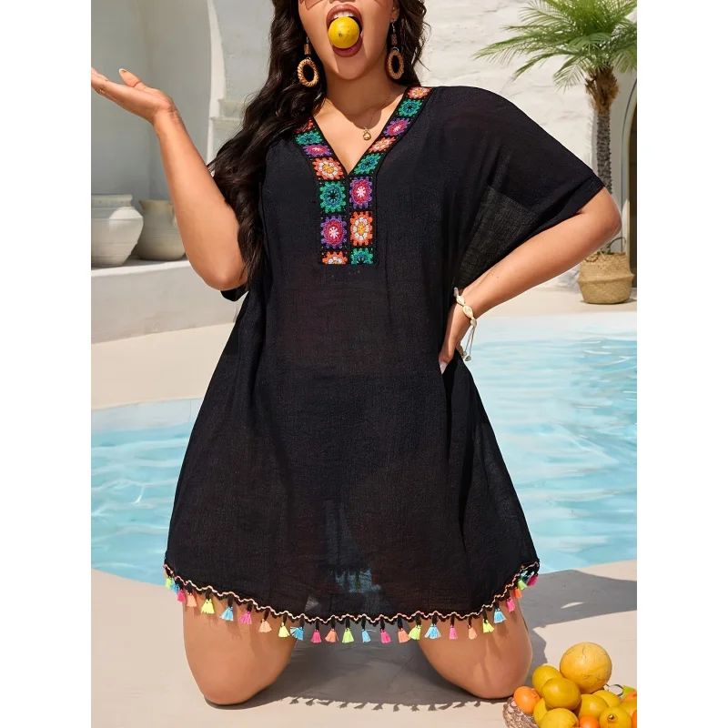 MOXDOWomen's Plus Size Bohemian Crochet Beach Dress, Loose Flowy Vacation Cover-up with Tassels view 6