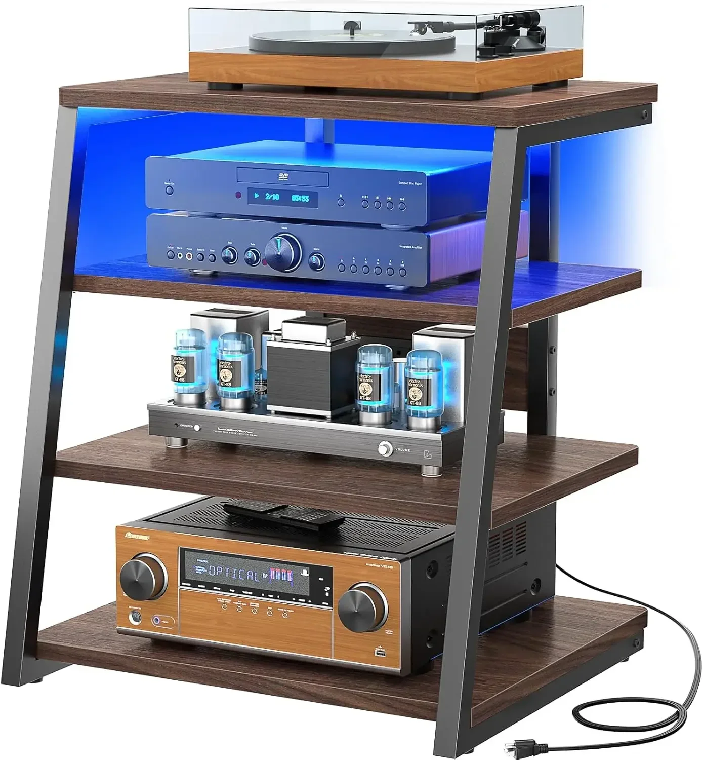 4-Tier AV Media Stand with Power Strips, Corner TV Stand with LED Lights, Rack Audio Tower with Adjustable Shelves, Corner Enter