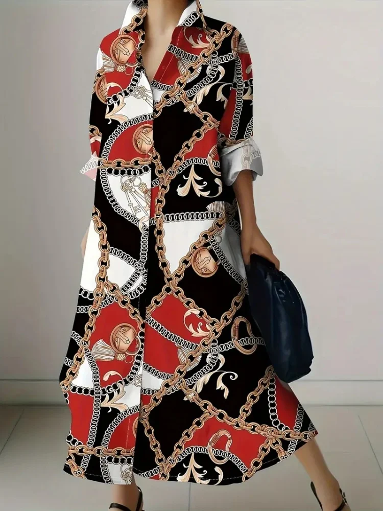 

Elegant Chain Patchwork Print Button Shirt Dress Casual Vacation Long Sleeve Collared Loose Maxi Dresses Women's Clothing