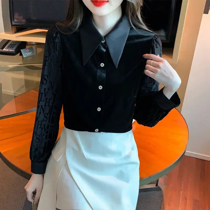 Female Tops Spring and Autumn Black Full Long Sleeve Women\'s Shirt Blouse Button Up Elegant Social Youthful Luxury High Quality