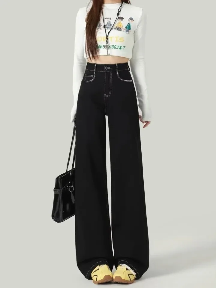 

Black Wide Leg Jeans Women's Spring New Large Size Loose Slimming Floor-Length Straight Long Pants for Pear Shaped plus Size