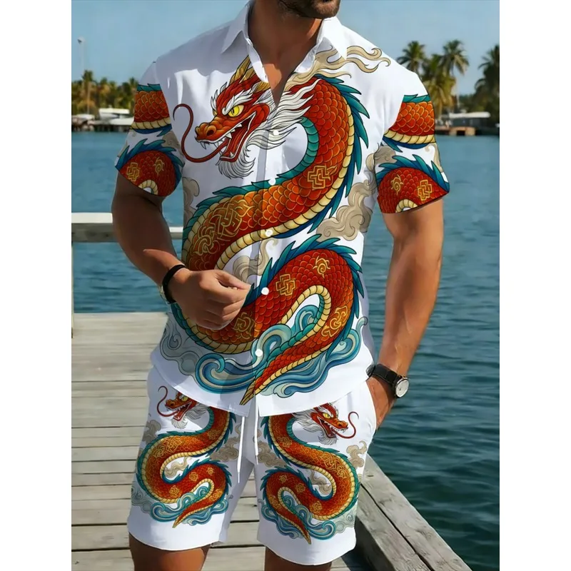 Summer Men's 2 Piece Dragon Pattern Shirt Shorts Set White Breathable Casual Wear For Beach Holiday Outdoor Sports Daily Fashion