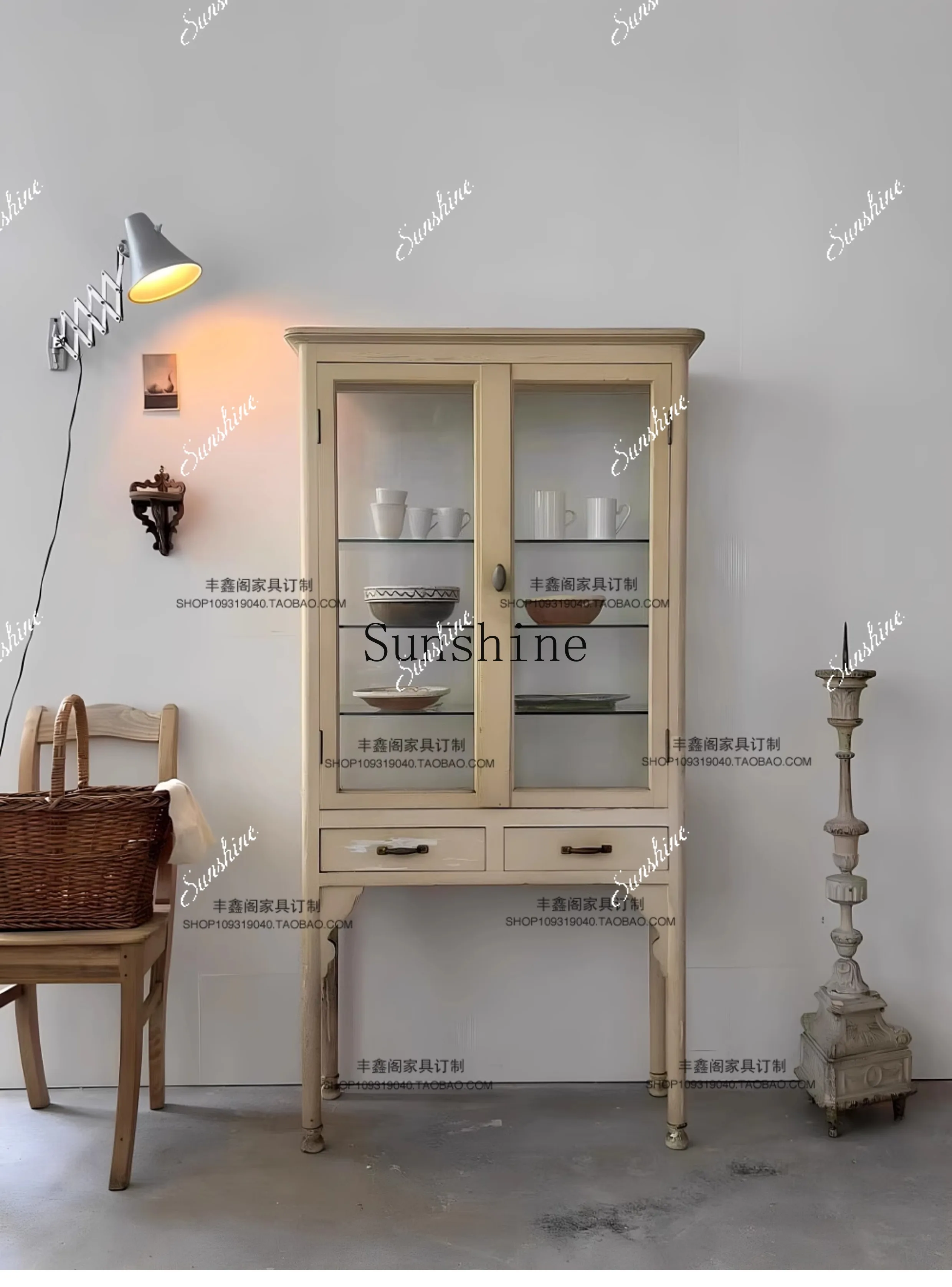 French cream style solid wood dining side cabinet made old glass storage jewelry cabinet  FT