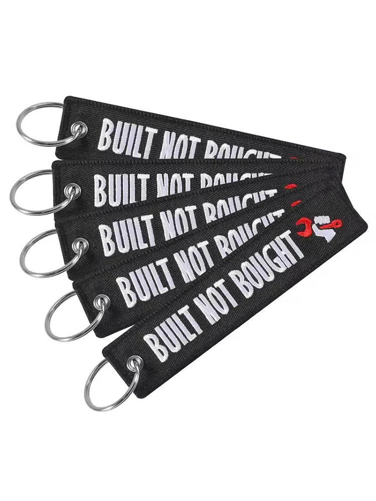 

5pcs Fashion Black Car Keychain Key Fobs Embroidery BUILT NOT BOUGHT Motto OEM Jewelry Key Ring for Motorcycle Chaveiro Moto
