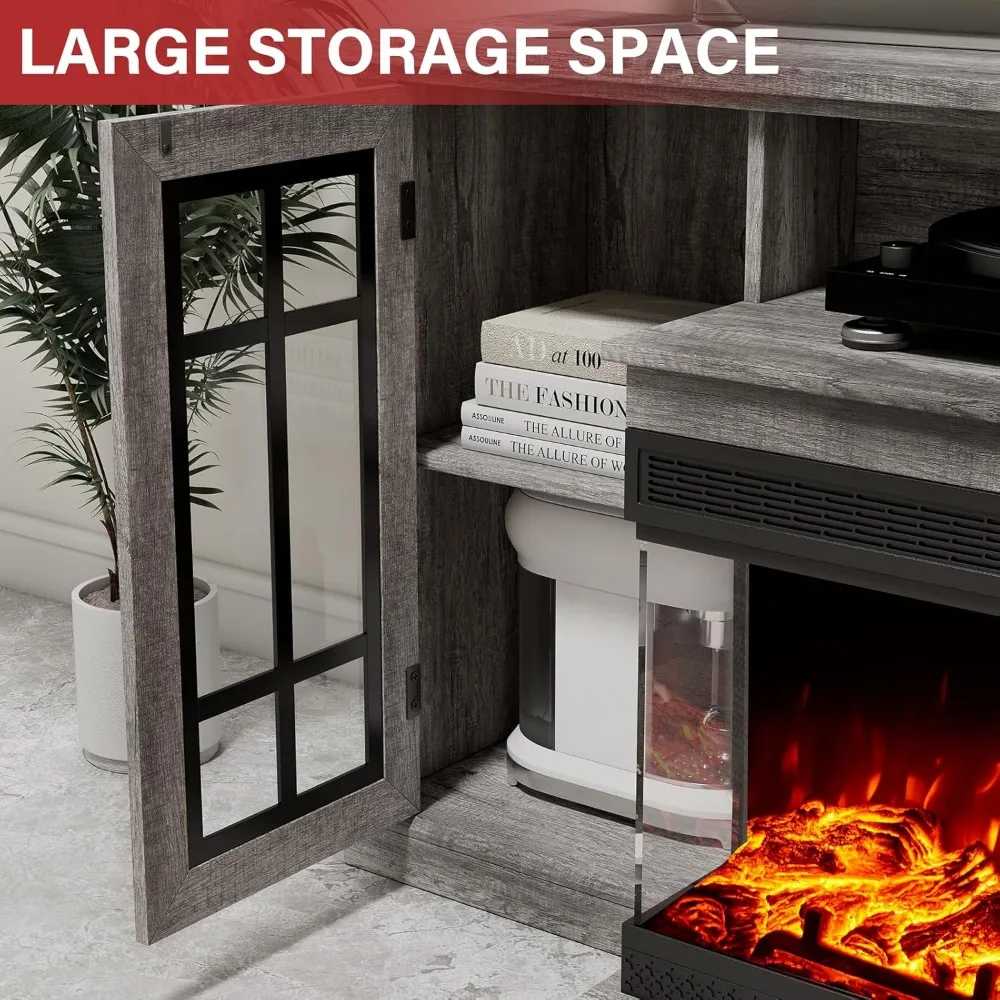 Supporto TV per camino elettrico 75 con vetro a 3 lati, centro multimediale in stile fattoria con armadio portaoggetti con porta in vetro