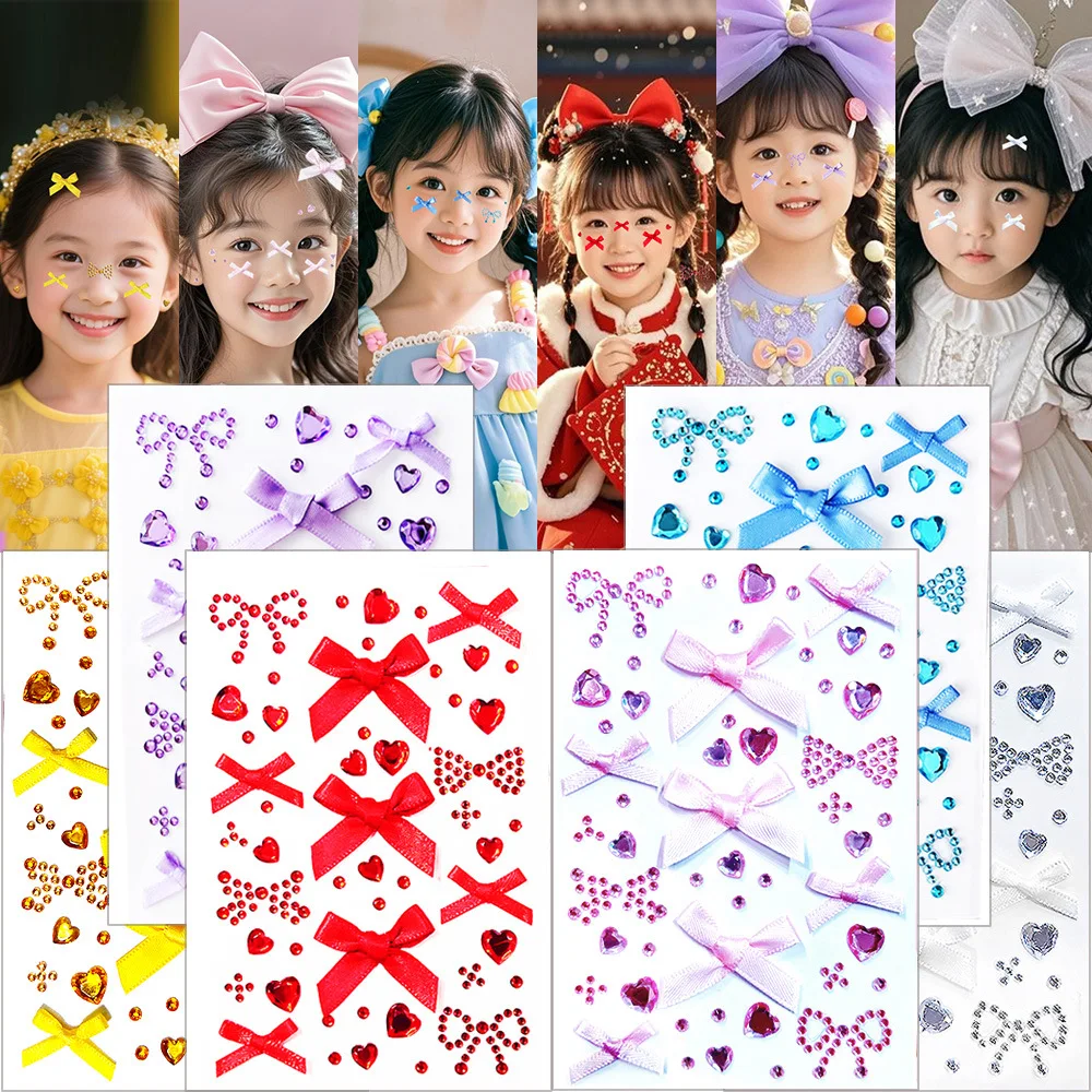 

1Pc Red/Pink Ribbon Bow Face Stickers Rhinestone Silk Bowknot Heart DIY Eyes Face Gem Diamond Festival Party Makeup Decoration