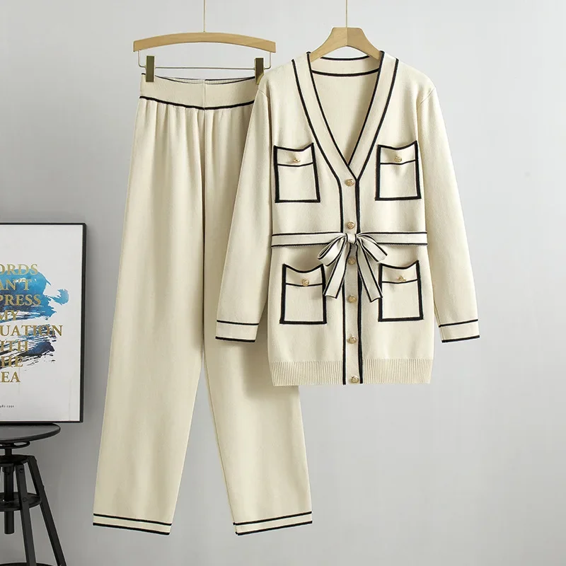 

Вязаный женский кардиган в консервативном стиле, спортивные костюмы, однобортный кардиган, длинные брюки, широкие брюки, костюм, комплект из двух предметов