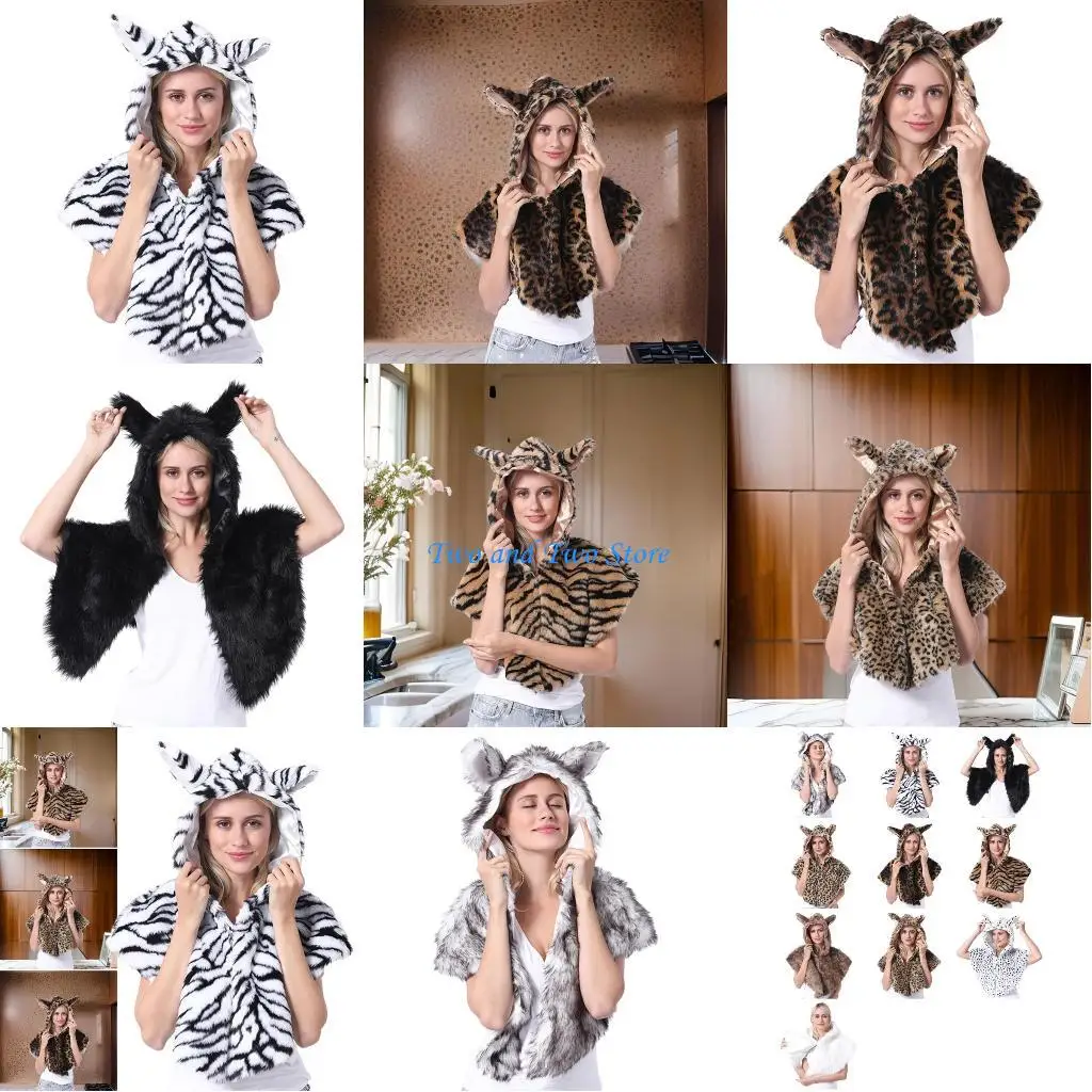

HX6F Furry Plush Winter Caps with Animal Ear Hooded Cloak Hat for All Ages Soft and Warm Thicken Plush Cloak Hat for Outdoor