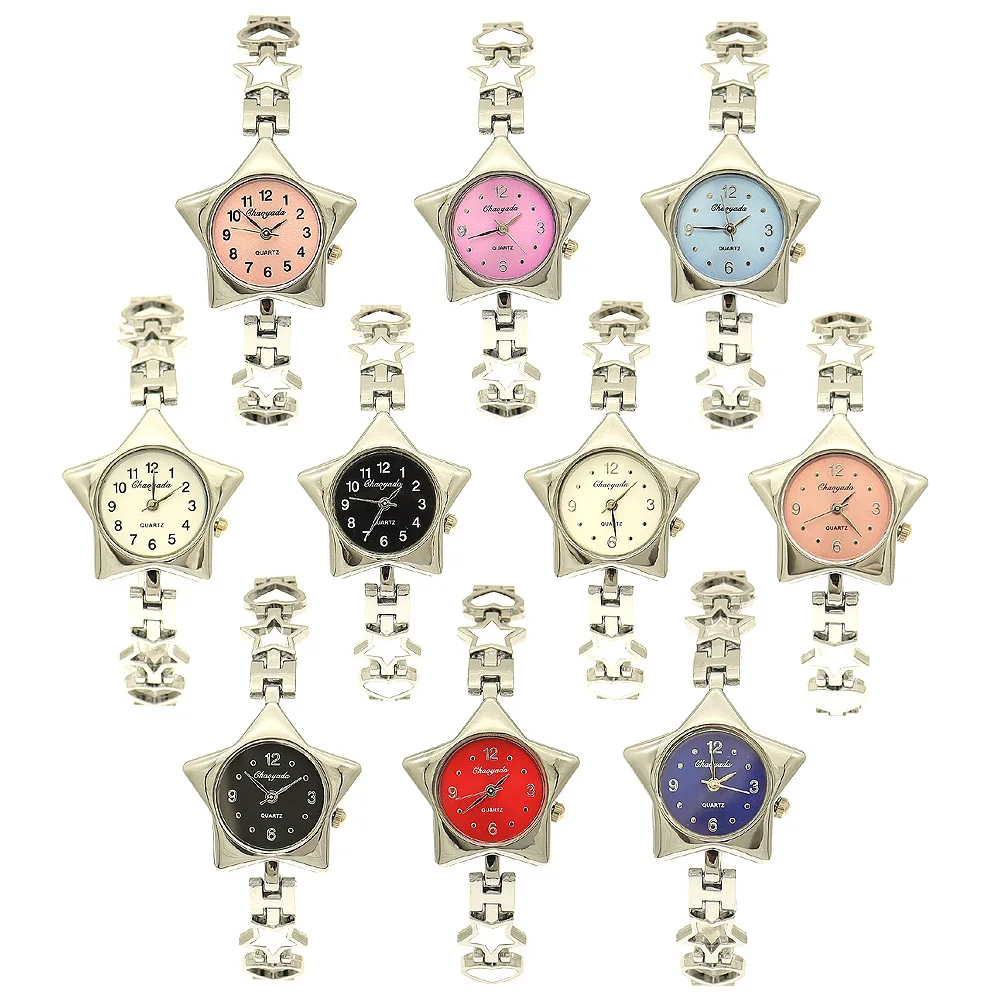 10pcs/Set Design Colorful Dial Women's Stainless Steel Star Shape Pocket Watch Charm Bracelets For Party Gift DIY Jewelry Gift