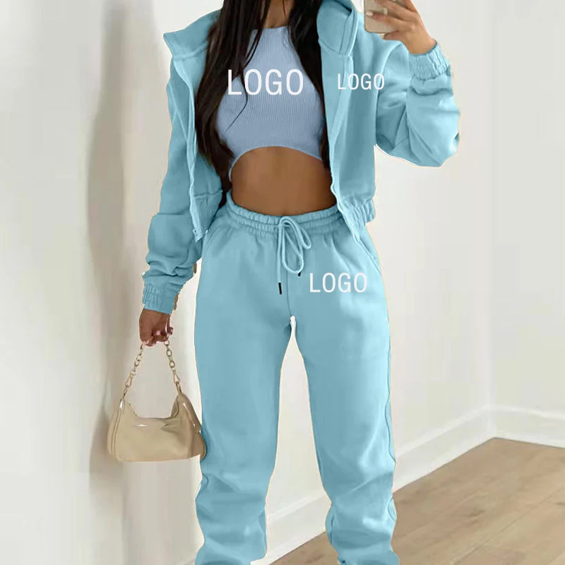 Custom Logo Women\'s Tracksuit Spring Autumn 3 Pieces Set Hooded Sweatshirt and Sweatpants and Vest Casual Female Jogging Suit