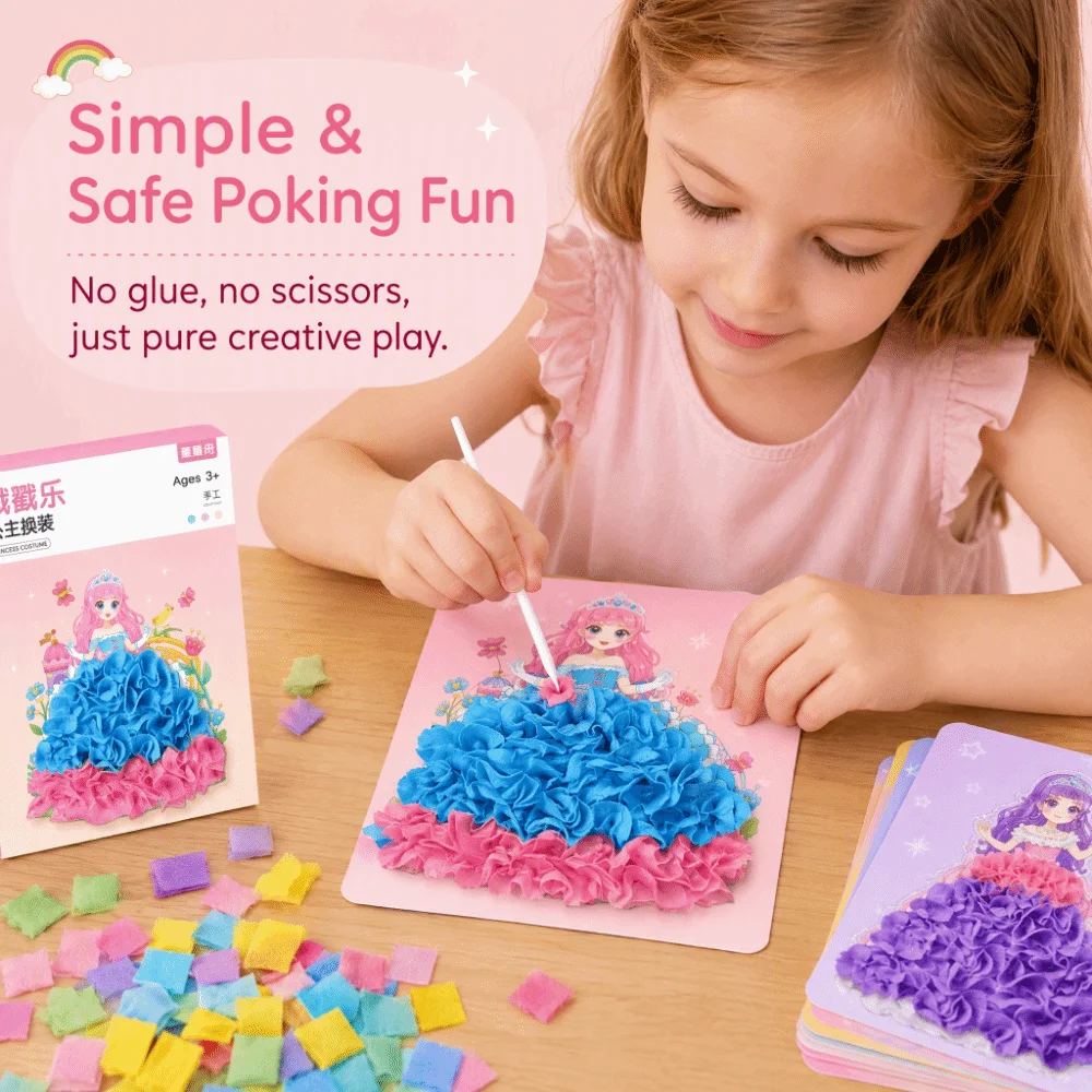 DIY Craft Puncture Painting Kit Creative Puzzle Poke Board Princess Theme Poke Art Sticker Set Card Board Fabric Poking Art