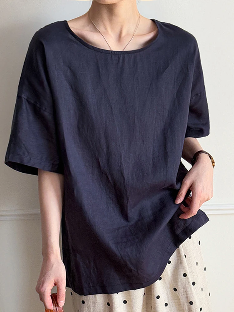 YERMORA Pink Color Back Button Linen Thin Blouse For Women O-neck Half Sleeve Loose New Shirt Fshion Tide Spring Summer 2025