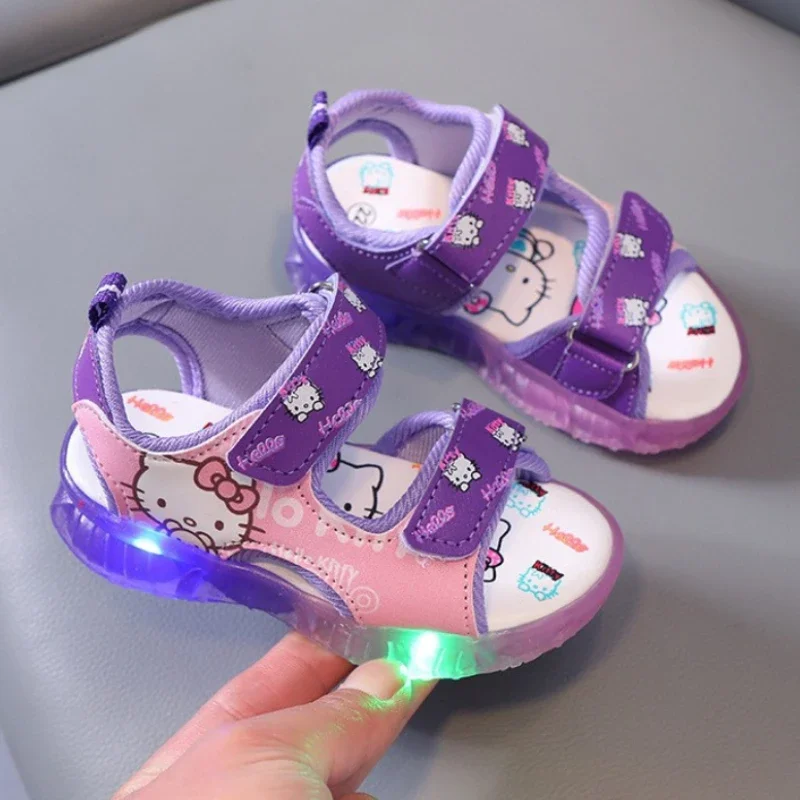 2024 Summer New Baby Girls Led Light Sandals Cute Hello Kitty Children\'s Casual Shoes Anti-slip Kids Beach Shoes Outdoor Shoes