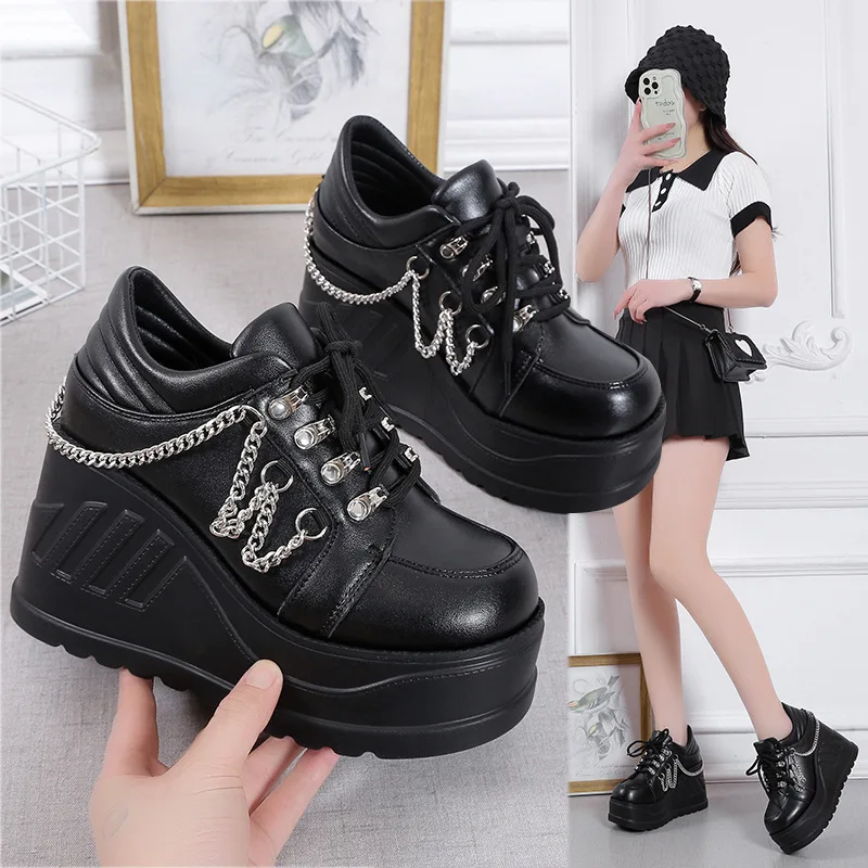 

Punk Style Thick Heel Women's Single Shoes Leather Material Increased Height 9cm Large round Head High Heel Summer Shoes