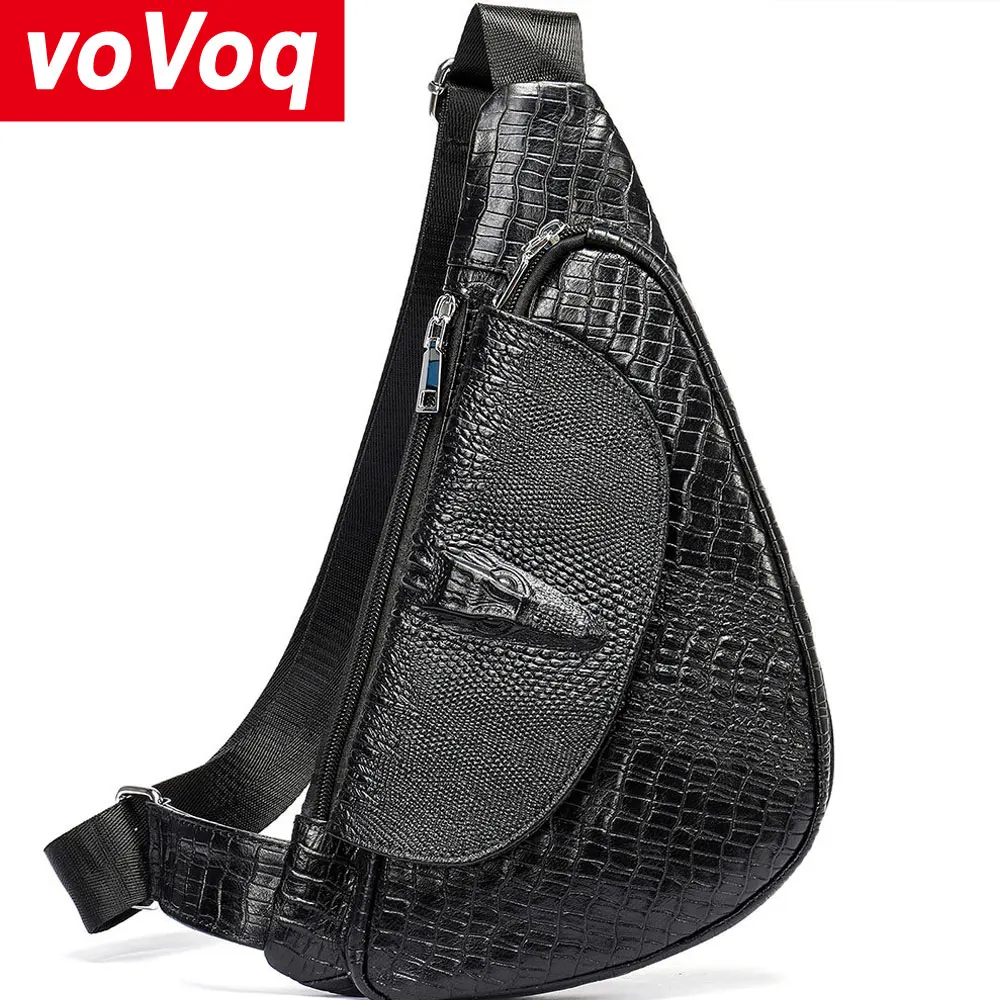 

Luxury Real Cow Leather Men's Chest Bag Men's Single Shoulder Crossbody Crocodile Black Curry Vintage Bag for Men