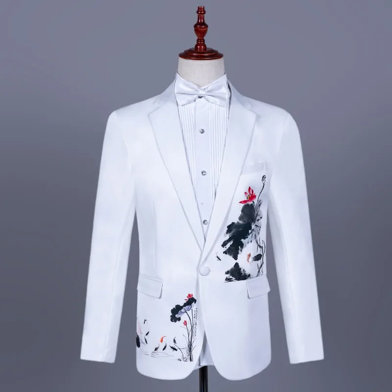Men Suits Costumes White Chinoiserie Suit Gown Cantata Compere Singer Performance Mens Suits 2 Piece