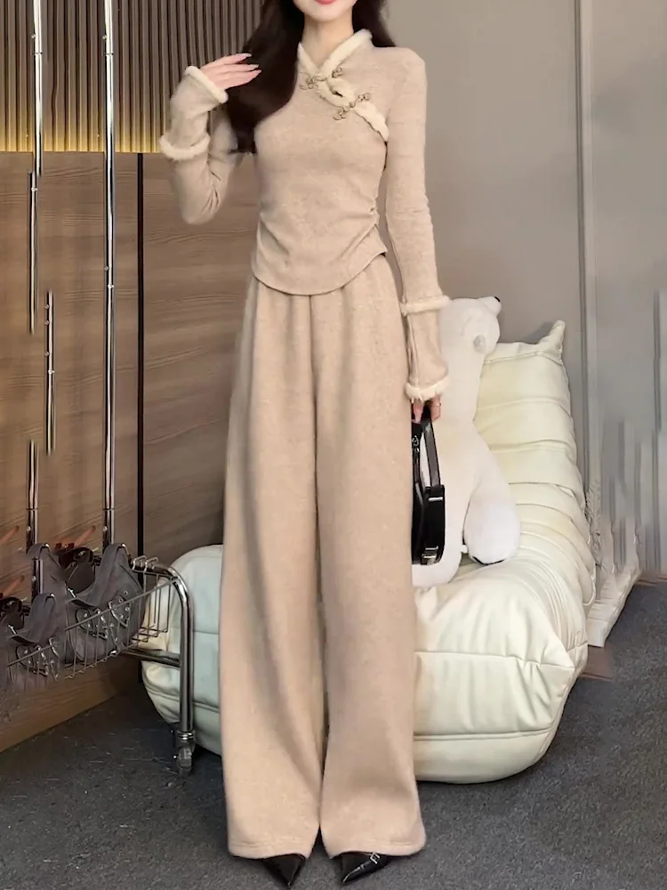 

Fashionable Slim Fit Chinese Style Women's Set Winter New Arrival High Waist Wide Leg Pants Long Sleeve Stand Collar Top