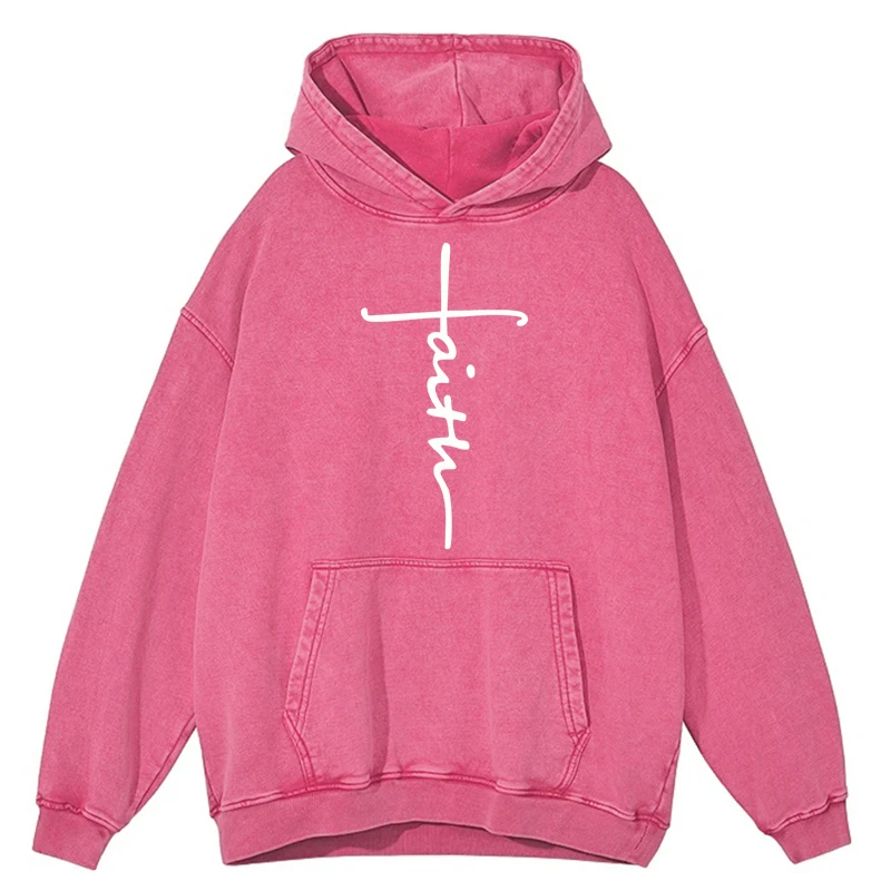 Retro Distressed Wash Cross Faith Are Letter Hoodie Men Warm Clothes Loose 100% Cotton Autumn Sweatshirt Hip Hop Pullover Hoody