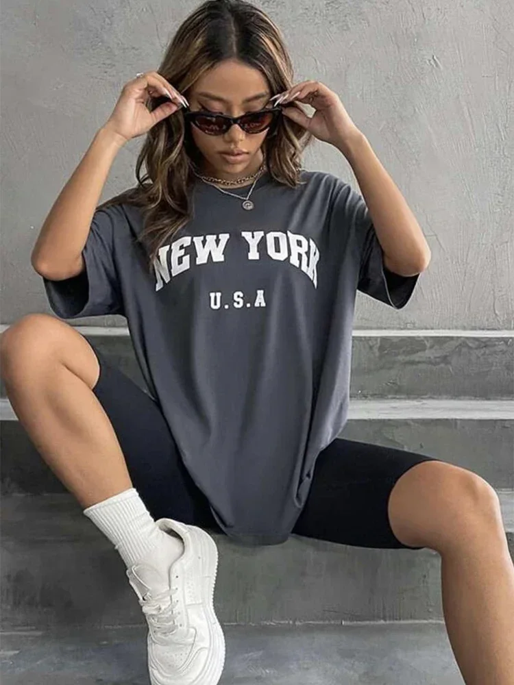 Blessyuki New York Letter Print t-shirt donna estate Basic o-collo Tees Casual Retro Streetwear Ladies Harajuku Plus Size top