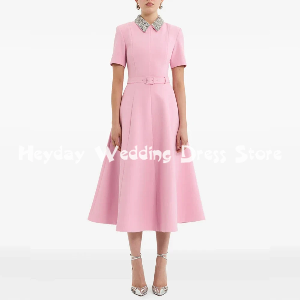 Heyday فساتين سهرة بسيطة مطرزة على شكل حرف A للنساء بأكمام قصيرة بطول الشاي فساتين حفلات رسمية أنيقة 2025 #1