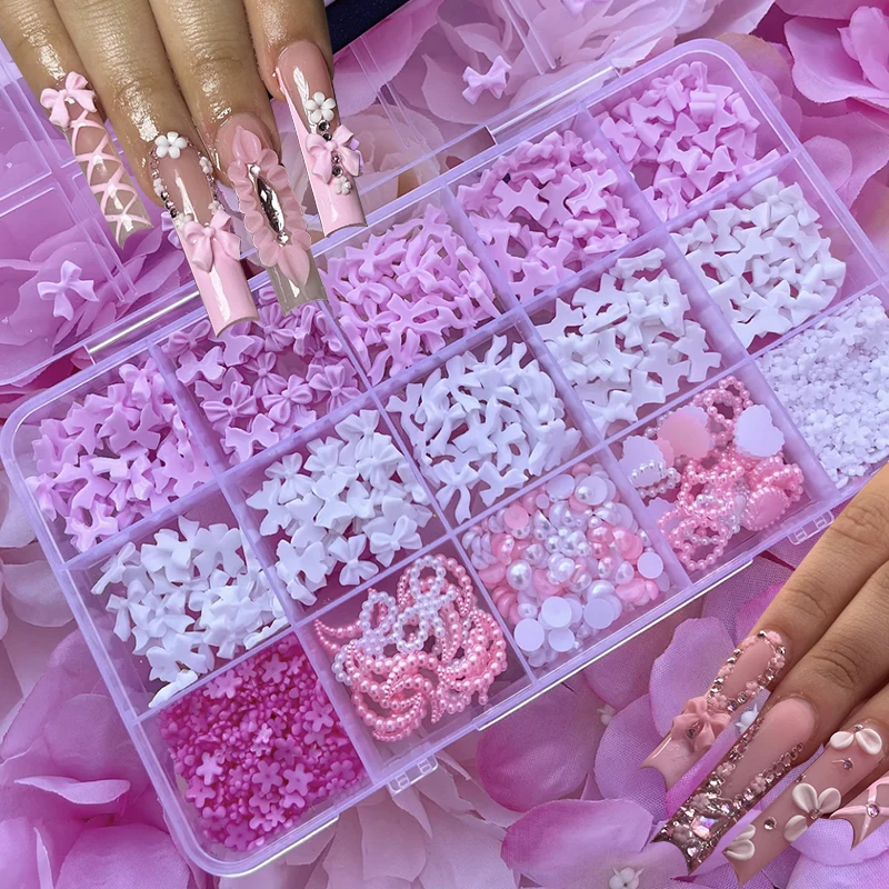 15 grids Mixed Bows Flowers Hearts 3D Nail Charms DIY 3D Acrylic Nail Flowers Jewelry Manicure Parts