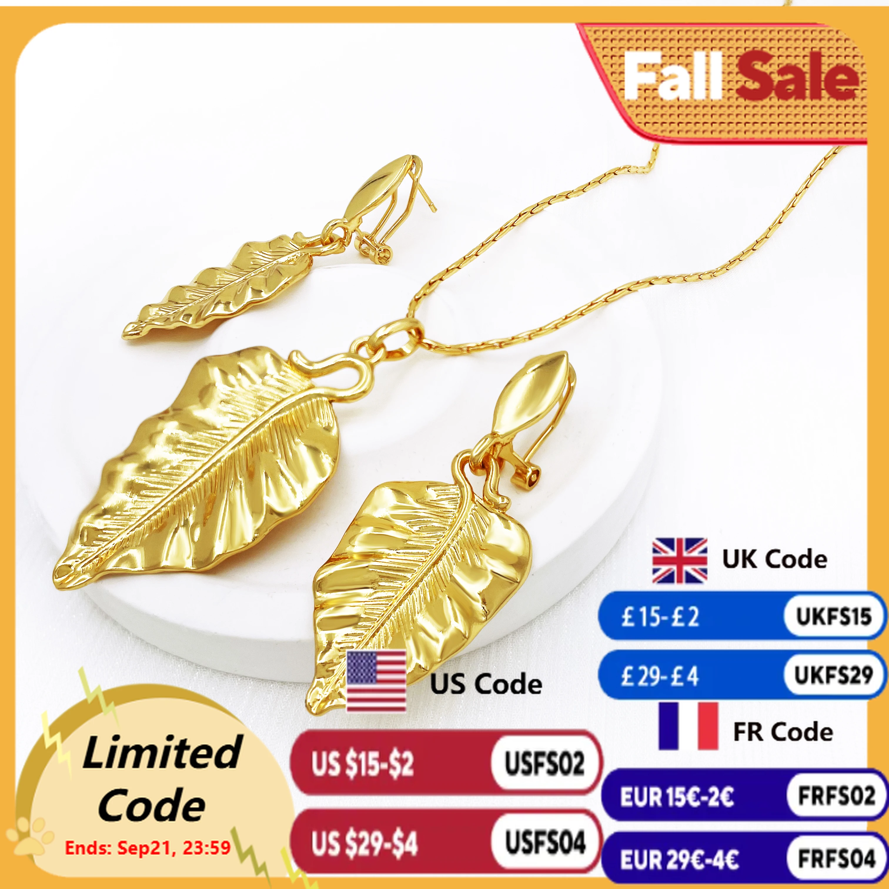 

Fashion Leaf Pendant Earrings For Women 18K Gold Plated Necklace 3PCS Set Jewelry Wedding Party Gift