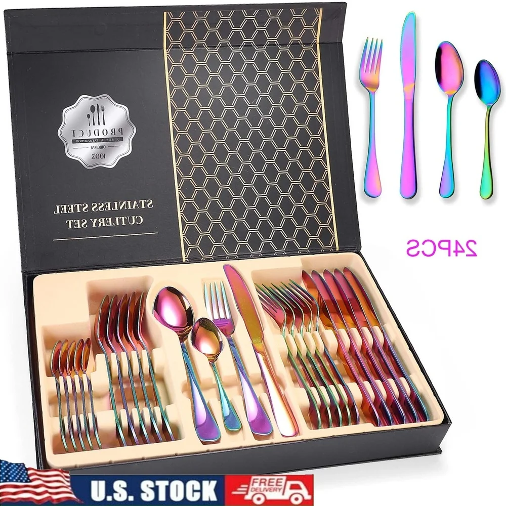 

24-Piece Colorful Stainless Steel Flatware Set Iridescent Cutlery Utensils Service 6 Elegant Dining Dishwasher Safe