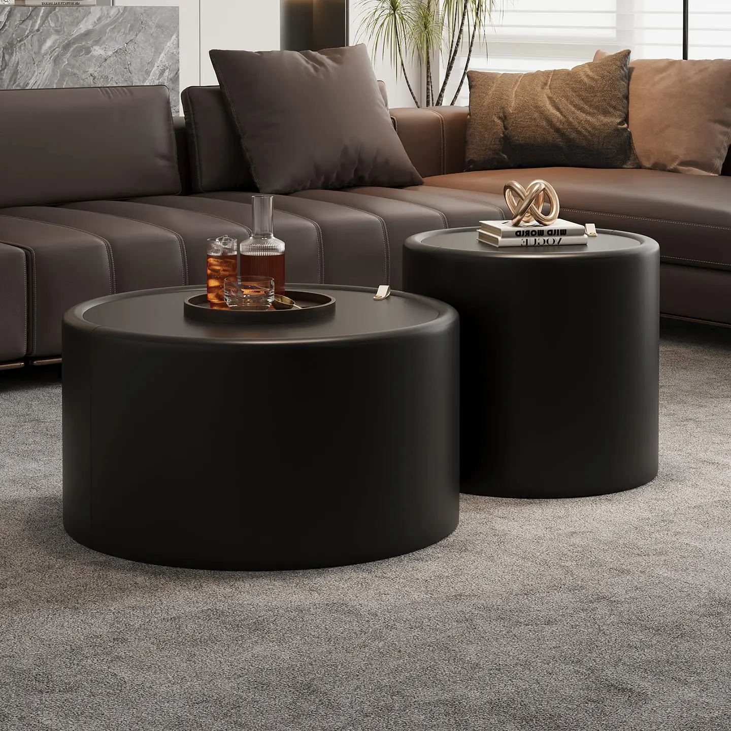 Black Drum Coffee Table Set 27.56" & 19.69" Hidden Storage Tempered Glass PU Leather Living Room 2 Pieces, Customized
