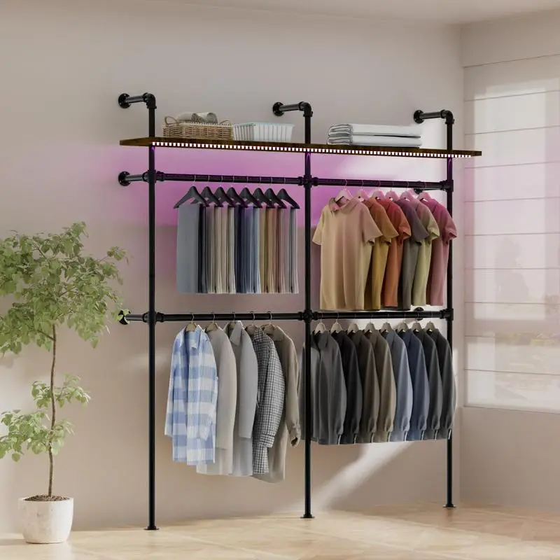 

Heavy-Duty Industrial Pipe Clothing Rack with Wall Mount, LED Lights, and Storage Shelves for Closet and Walk-in Systems