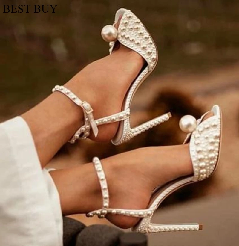 Women Sandals Fashion High Quality Wedding Shoes Women New Pearls Studs Luxury Peep Toe High Heels Buckle Woman Sandal 43