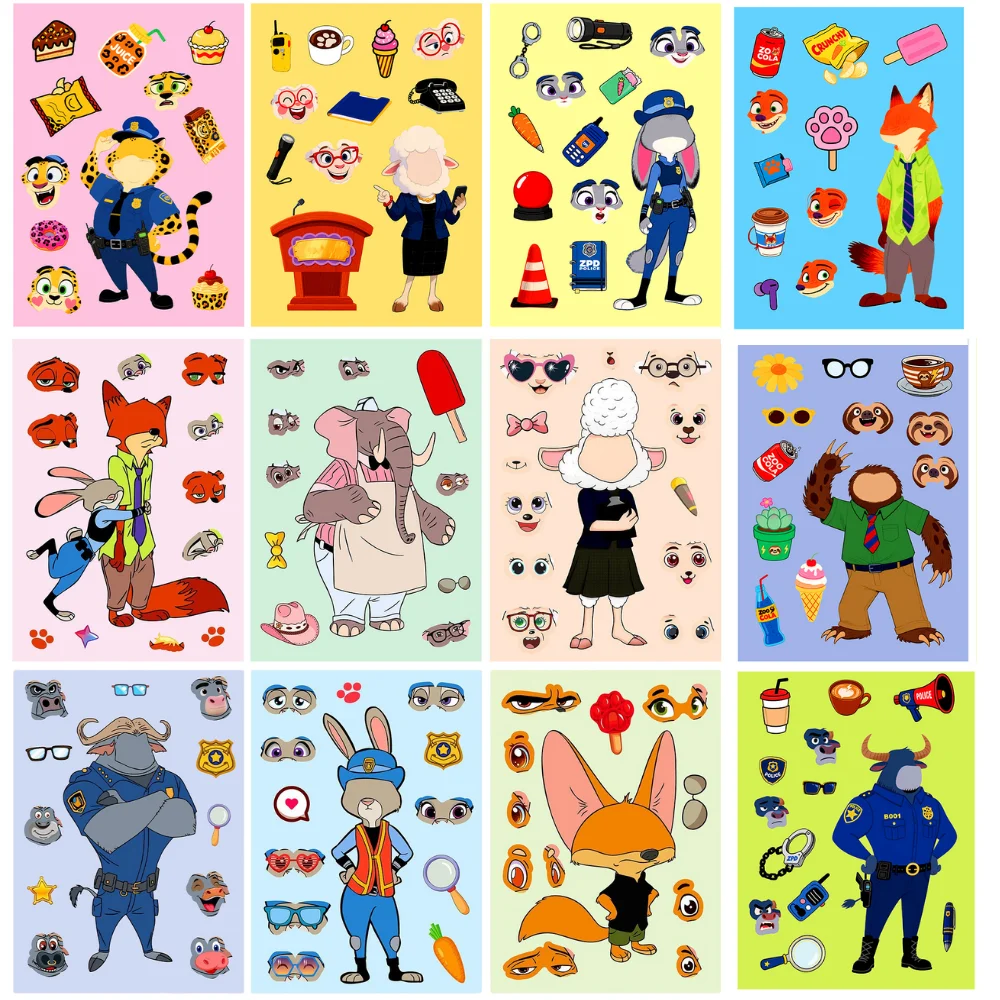 6/12sheets Cute Disney Cartoon Zootopia Puzzle Stickers Make a Face Children DIY Assemble Jigsaw Decals Kids Theme Party Gifts